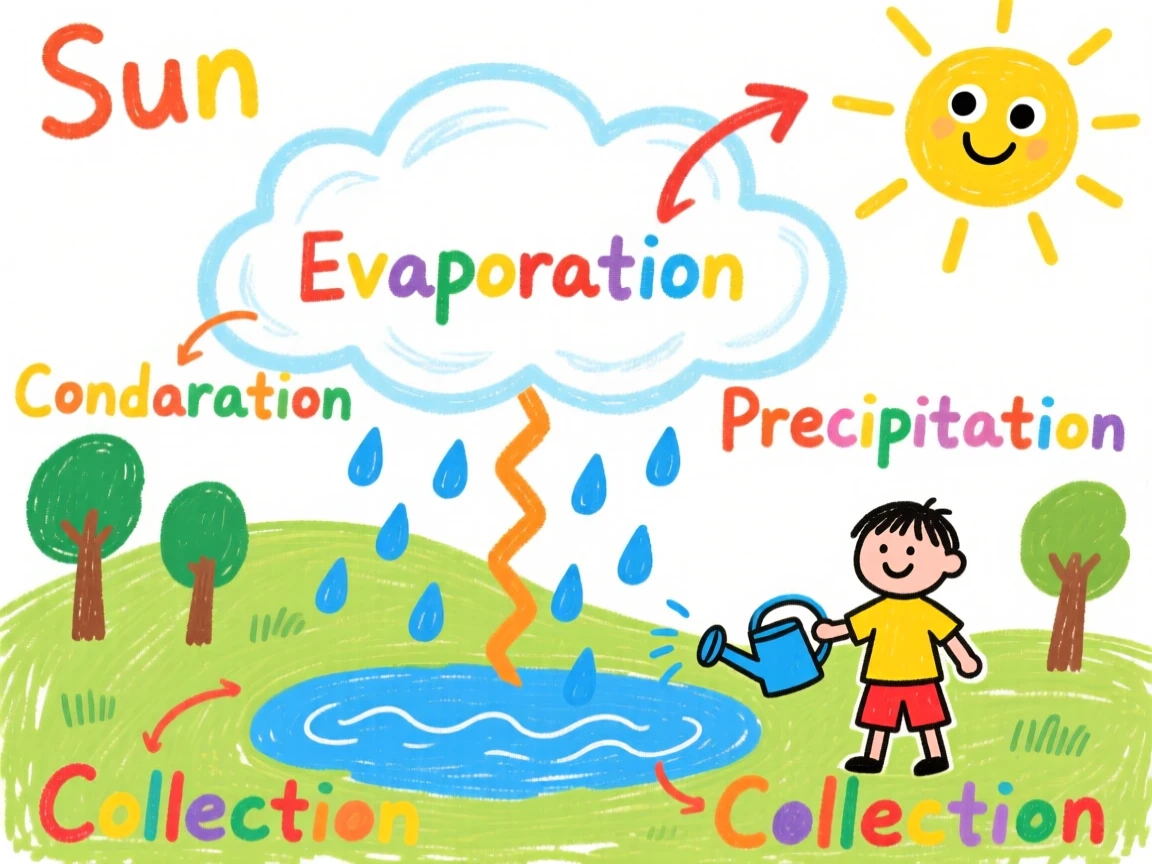 Children learning about the water cycle with a colorful diagram.