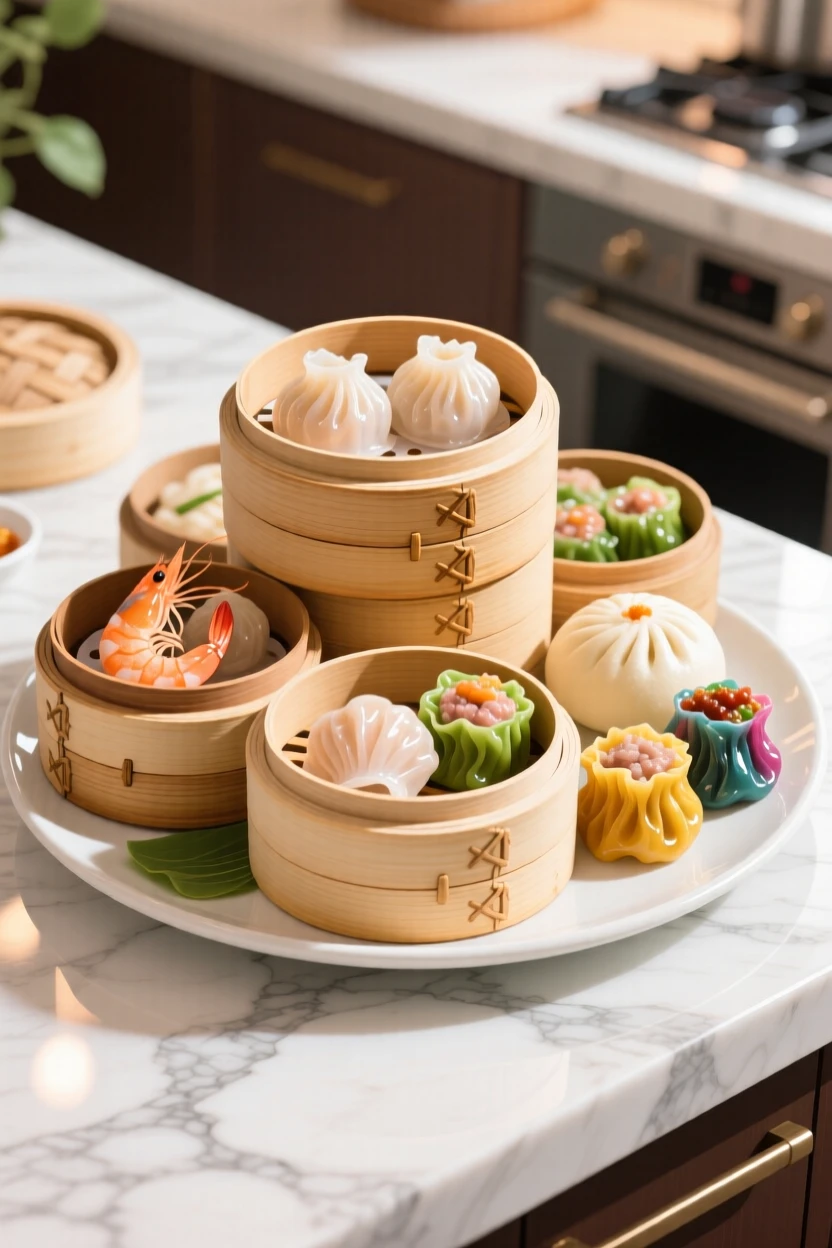 A platter of fresh dim sum arranged in bamboo steamers, placed atop a marble kitchen counter, framed closely to emphasize glossy, fresh textures, with a joyful, celebratory feel.