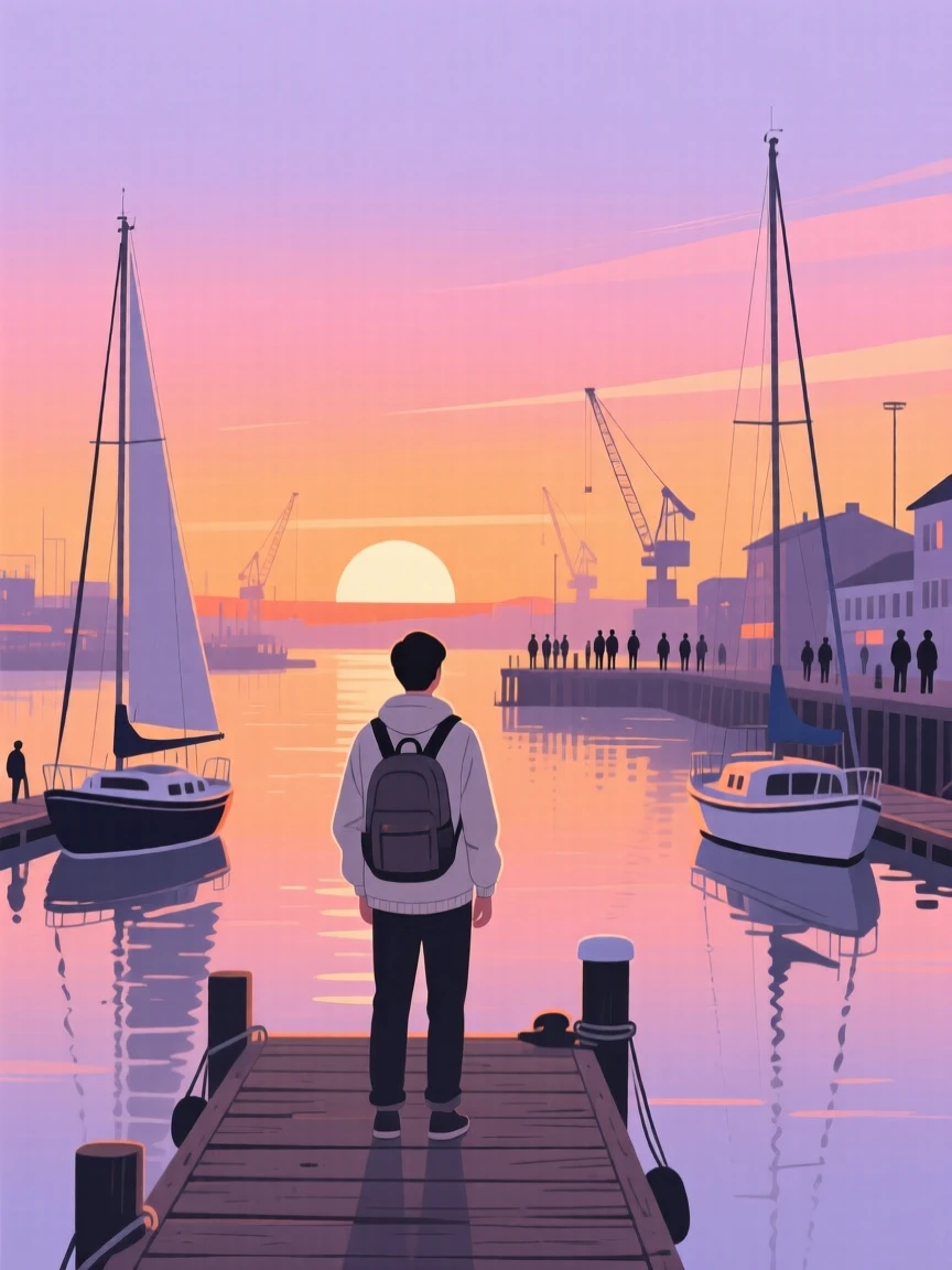 A traveler watching the sunset near a bustling harbor.