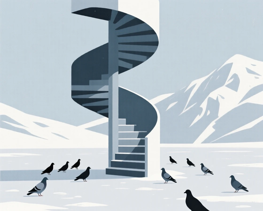 A spiral staircase, striking and prominent, stands in a snow-dusted alpine town, surrounded by a scattering of pigeons, expressing peaceful order.