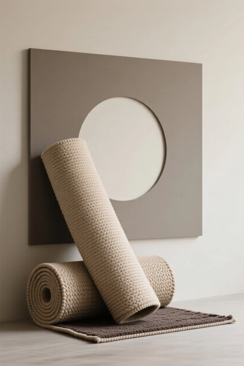 A woven rug rolled up against a wall