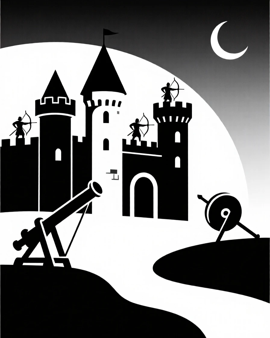 A medieval castle under siege at dawn.