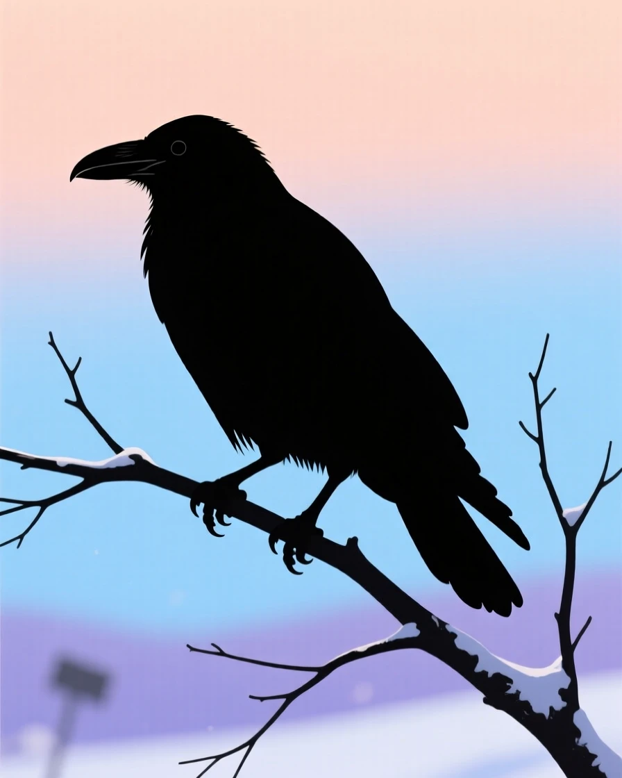 A single crow perched on a bare winter branch against a grey sky.
