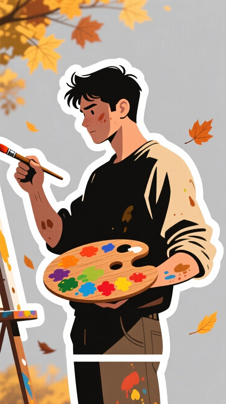 A determined and skilled painter mixing colors on a wooden palette, fully immersed in the creative process, during a golden autumn afternoon.