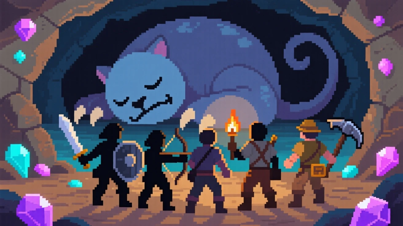 A small band of treasure hunters facing off against a giant slumbering beast, inside a mine filled with glowing gems.