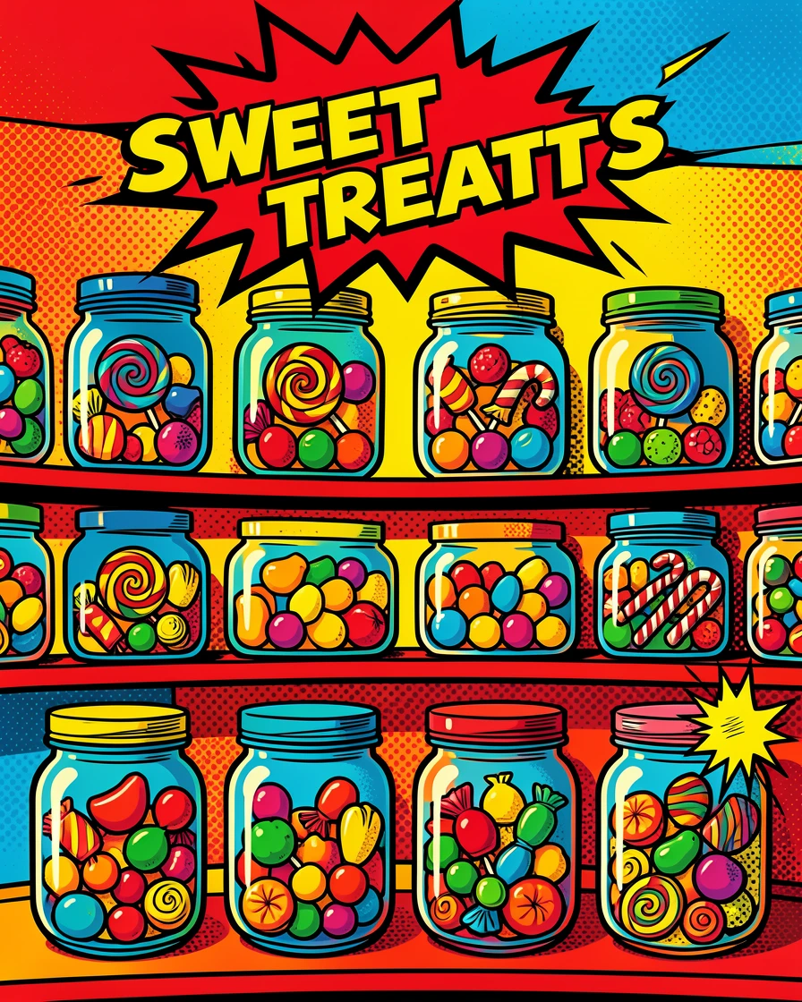 A candy shop with jars of sweets lining the walls
