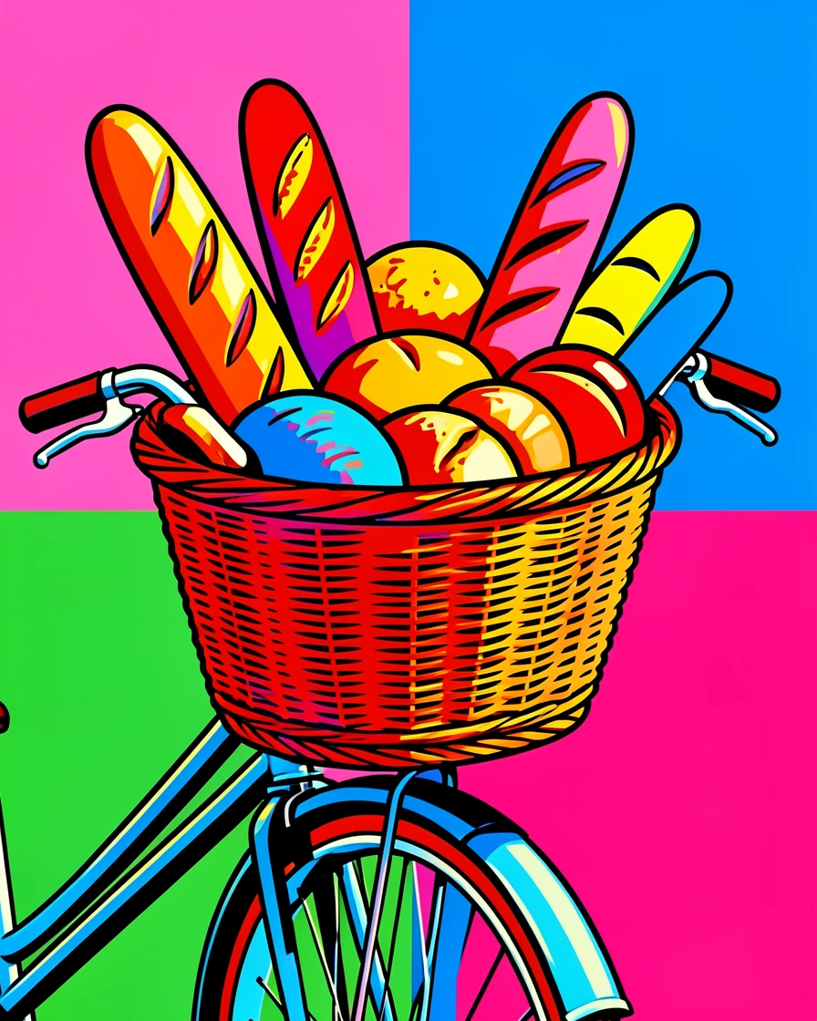 Vintage bicycle basket filled with fresh bread