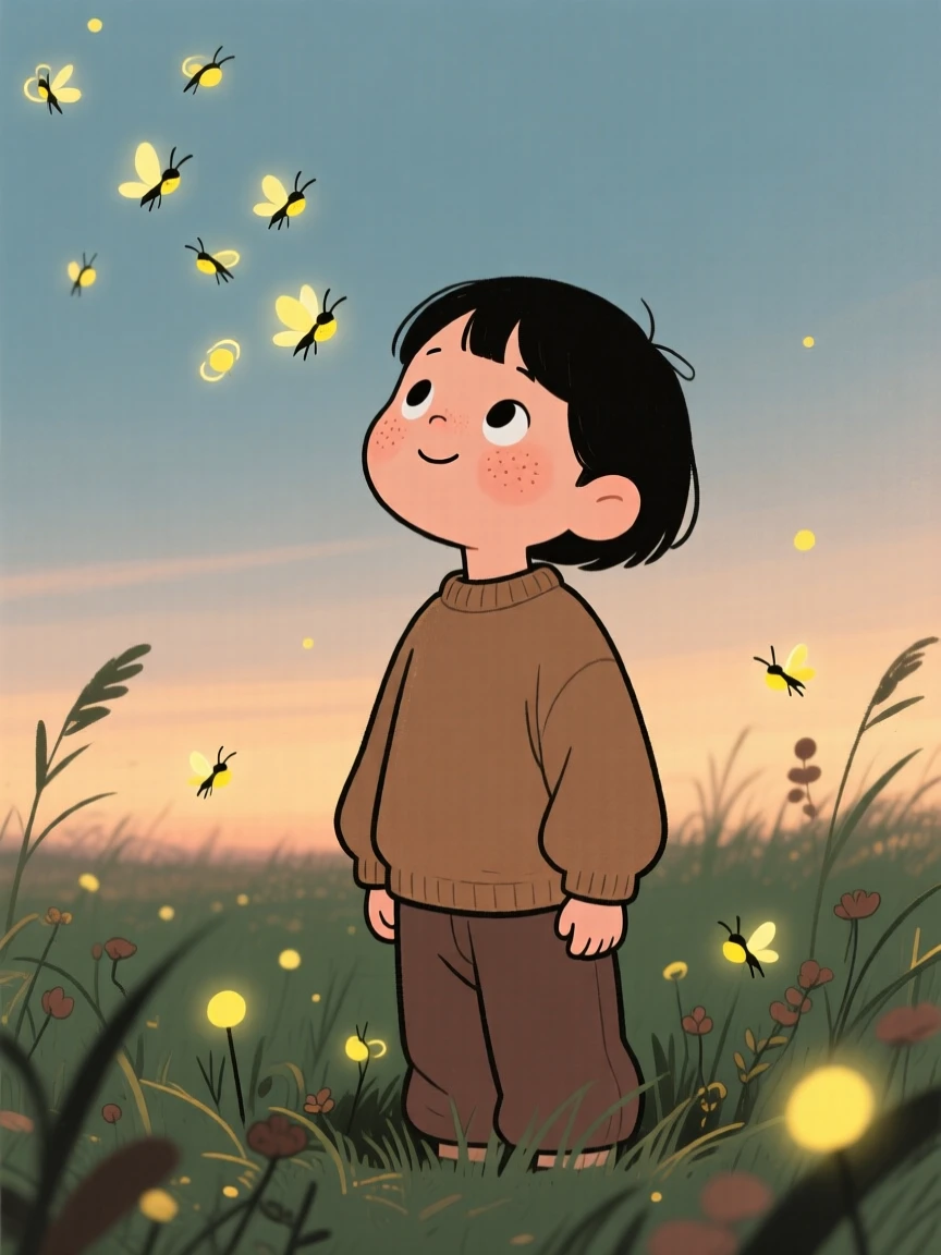 A young child looks up in quiet wonder at a field of fireflies, standing perfectly still as a feeling of gratitude settles over the scene.