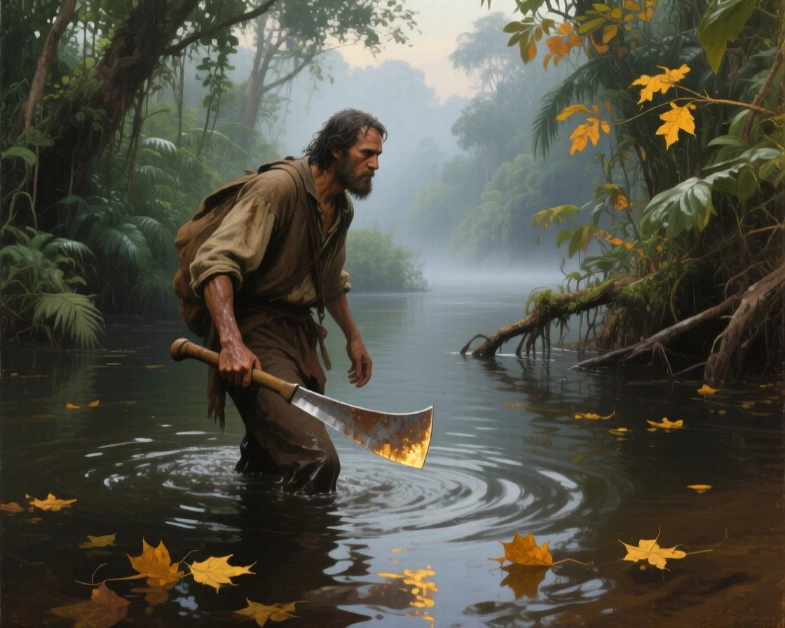 A centered composition of an explorer wading through a dense jungle river with a machete in hand, as autumn leaves turn gold, in thick fog.