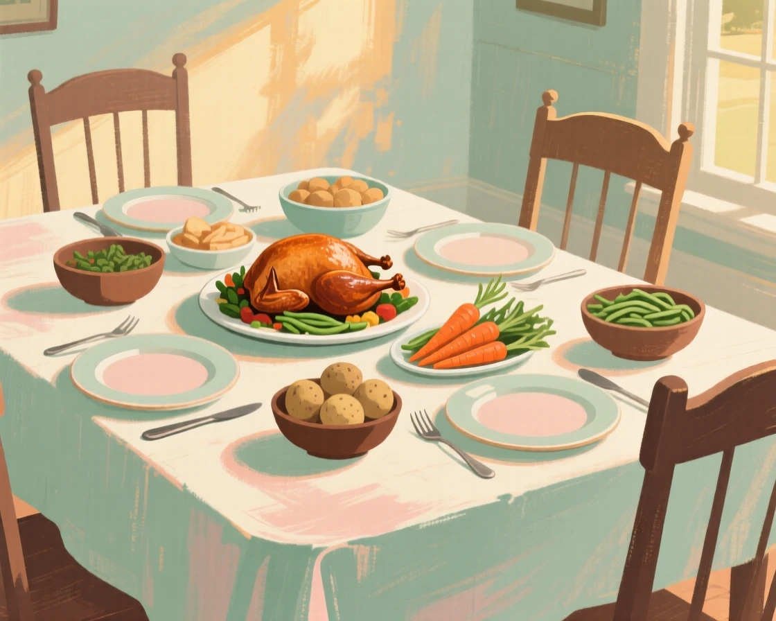 A farmhouse table set with a roast dinner and fresh vegetables