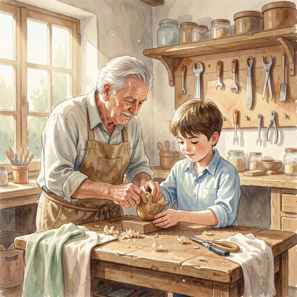 A grandfather teaching his grandson woodworking in a workshop surrounded by a warm and inviting setting.