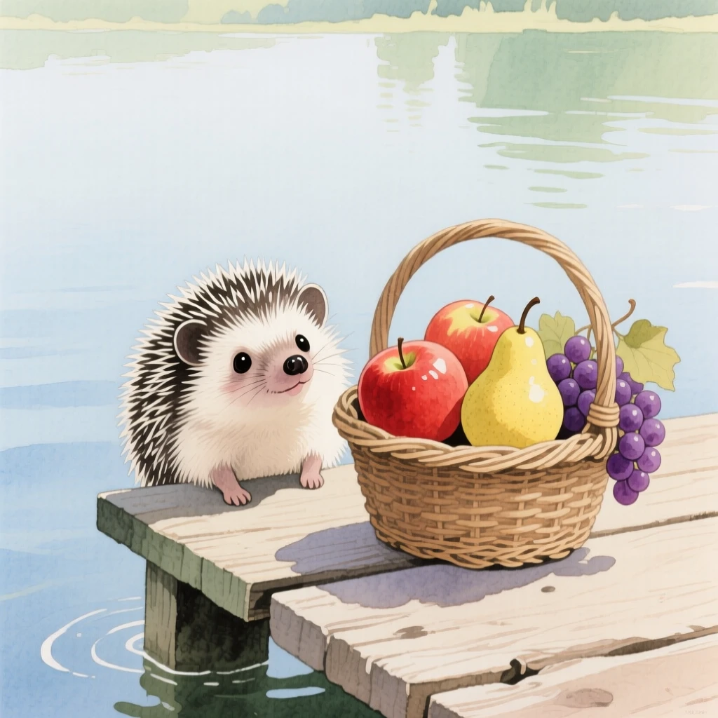 A baby hedgehog peeks out curiously in a quiet lakeside dock, beside a basket of ripe fruit