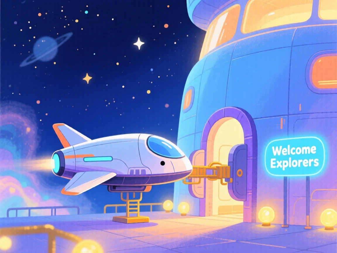 A spacecraft docking gently with a glowing space station, full of wonder and discovery.