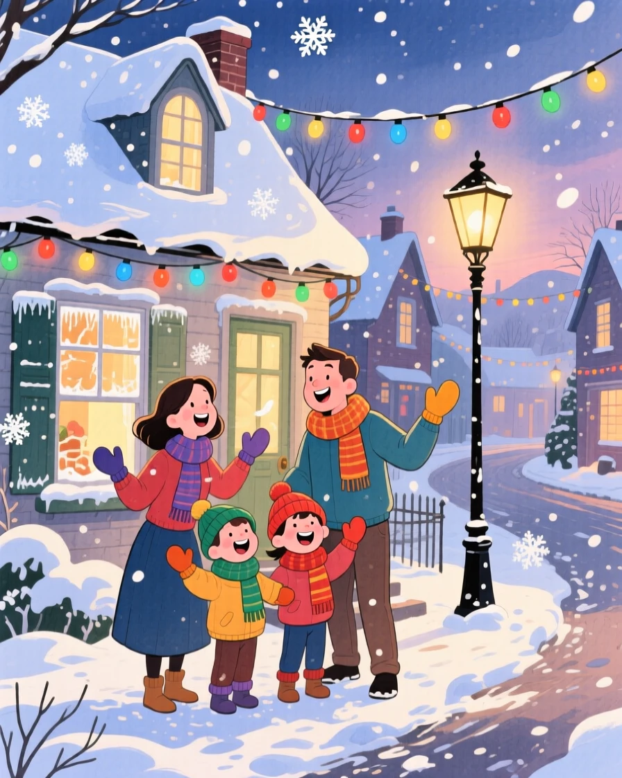 A family caroling together outside a snow-covered cottage, in a quaint village street strung with holiday lights, with laughter and smiles caught mid-celebration, evoking warmth and festive cheer.