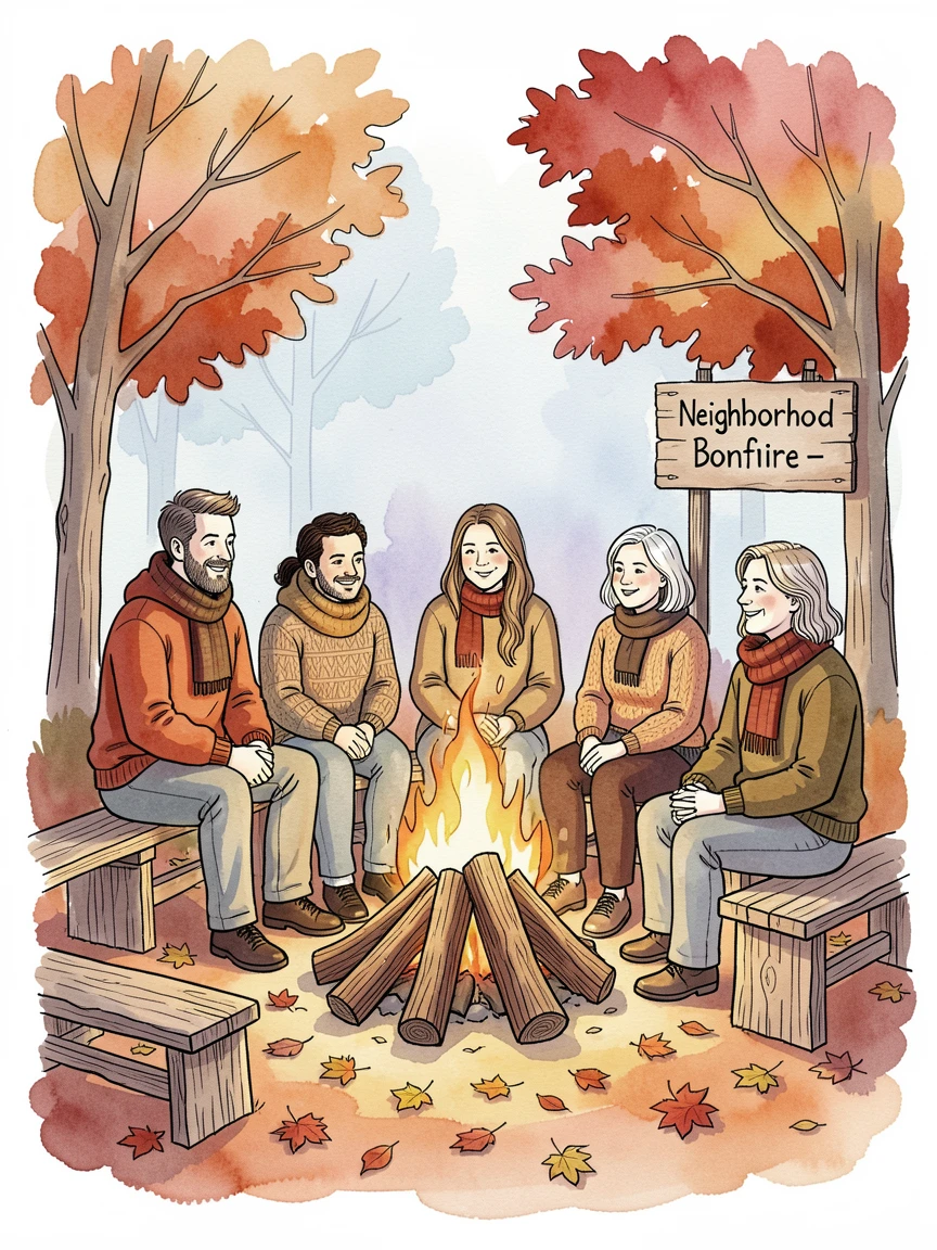A group of neighbors gathered around a bonfire on a cool autumn evening, an atmosphere of quiet joy and togetherness.