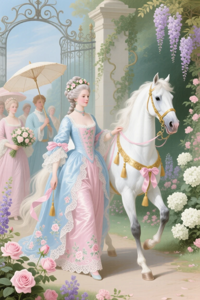 A princess leading a white horse in a ceremonial procession  