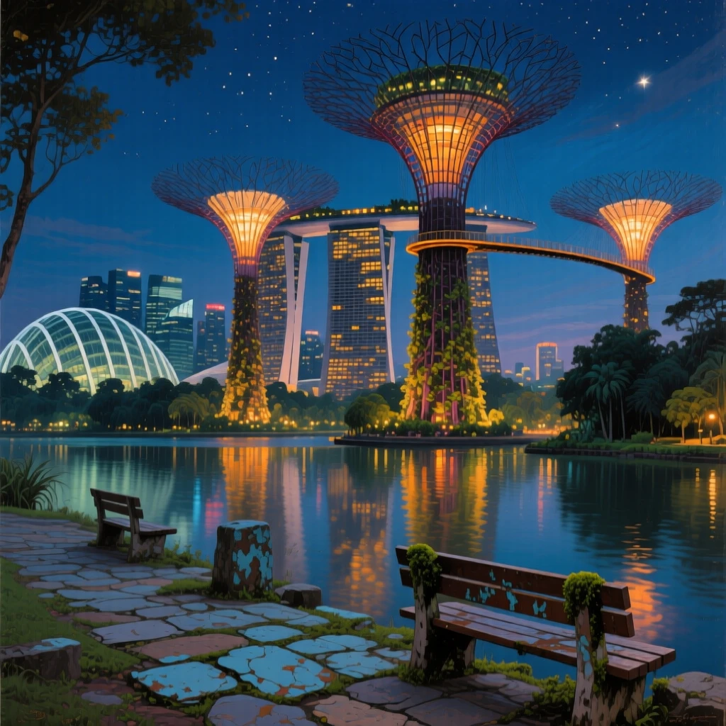The dramatic skyline of Singapore's Gardens by the Bay illuminated at night, with centuries of history visible in every weathered detail, radiating the unique charm and grandeur of world architecture