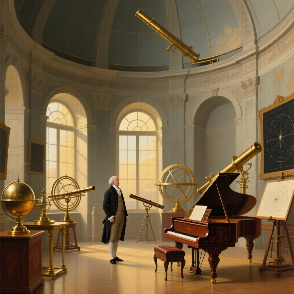 A domed observatory filled with brass instruments and star charts standing empty in the golden hush of late afternoon, set within a royal residence steeped in history, with a single grand piano standing beneath a shaft of window light; a lone figure or object provides scale against the soaring architecture, suggesting both luxury and profound stillness.
