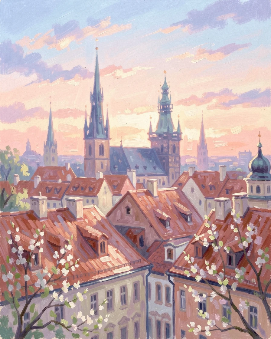 The rooftops of Prague's Old Town glowing under a pastel sunset, spires silhouetted against the sky, in early spring, conveying a feeling of romance and tranquility.