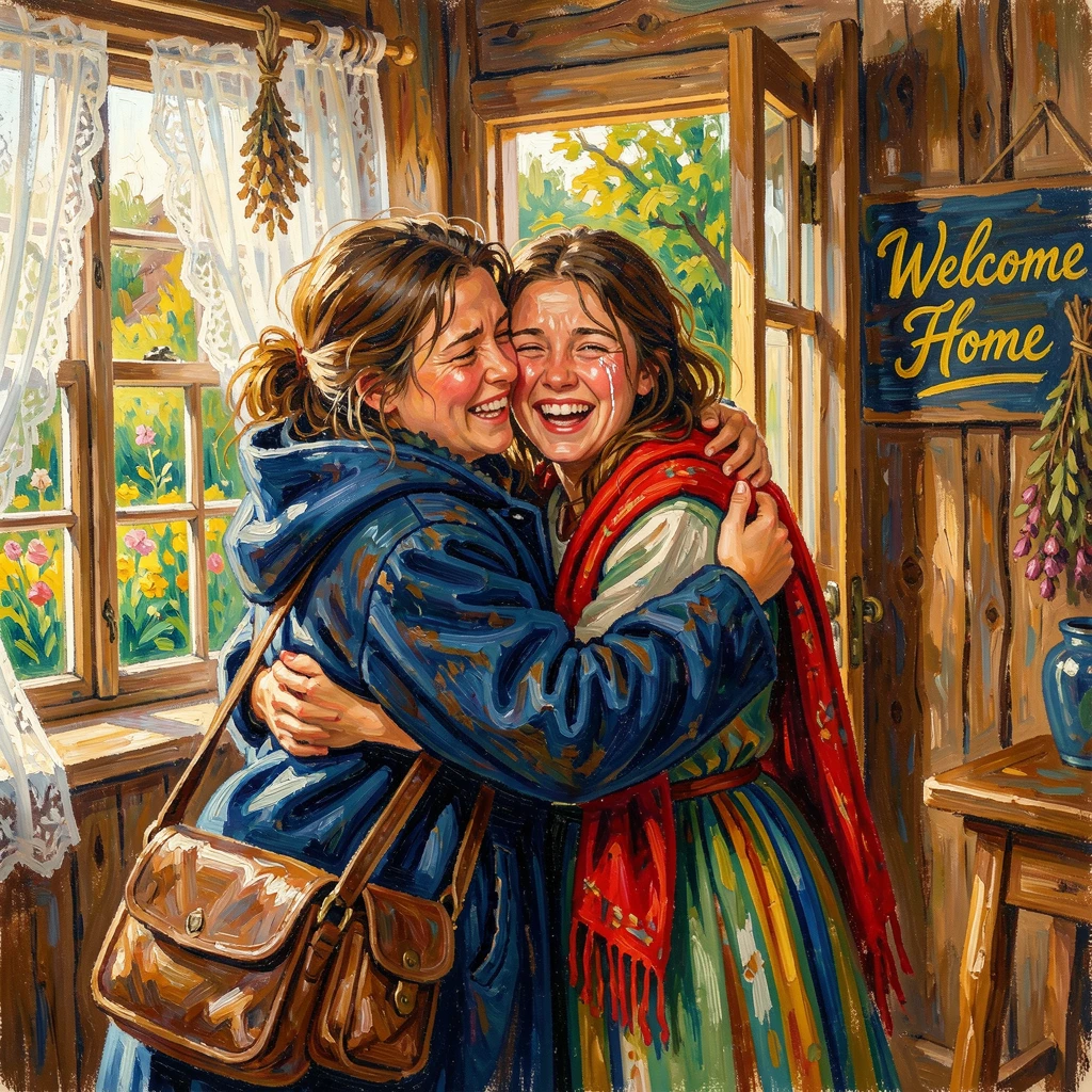 Sisters sharing a joyful embrace after one returns home from a long journey.