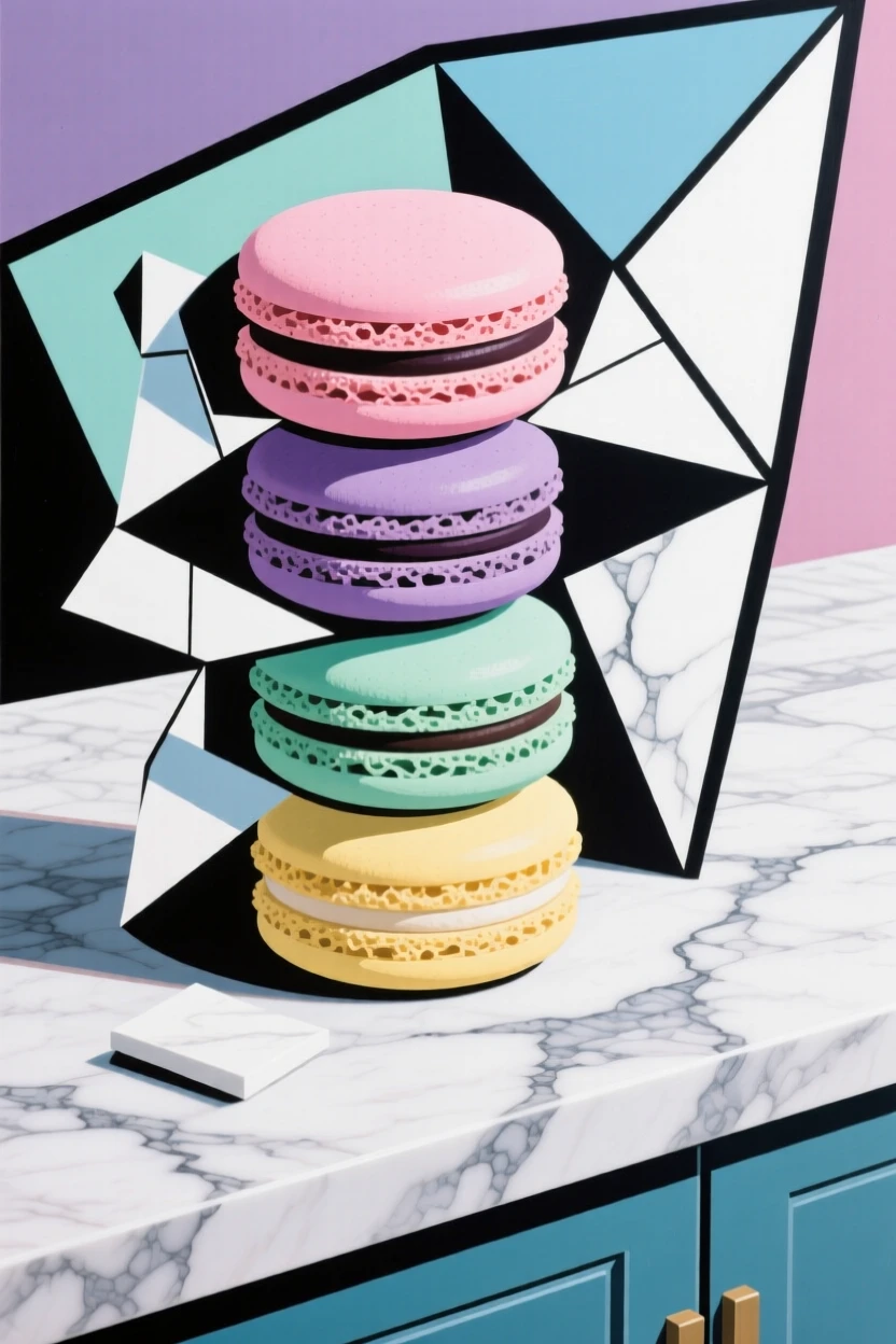 A stack of macarons in pastel colors arranged on a marble countertop.