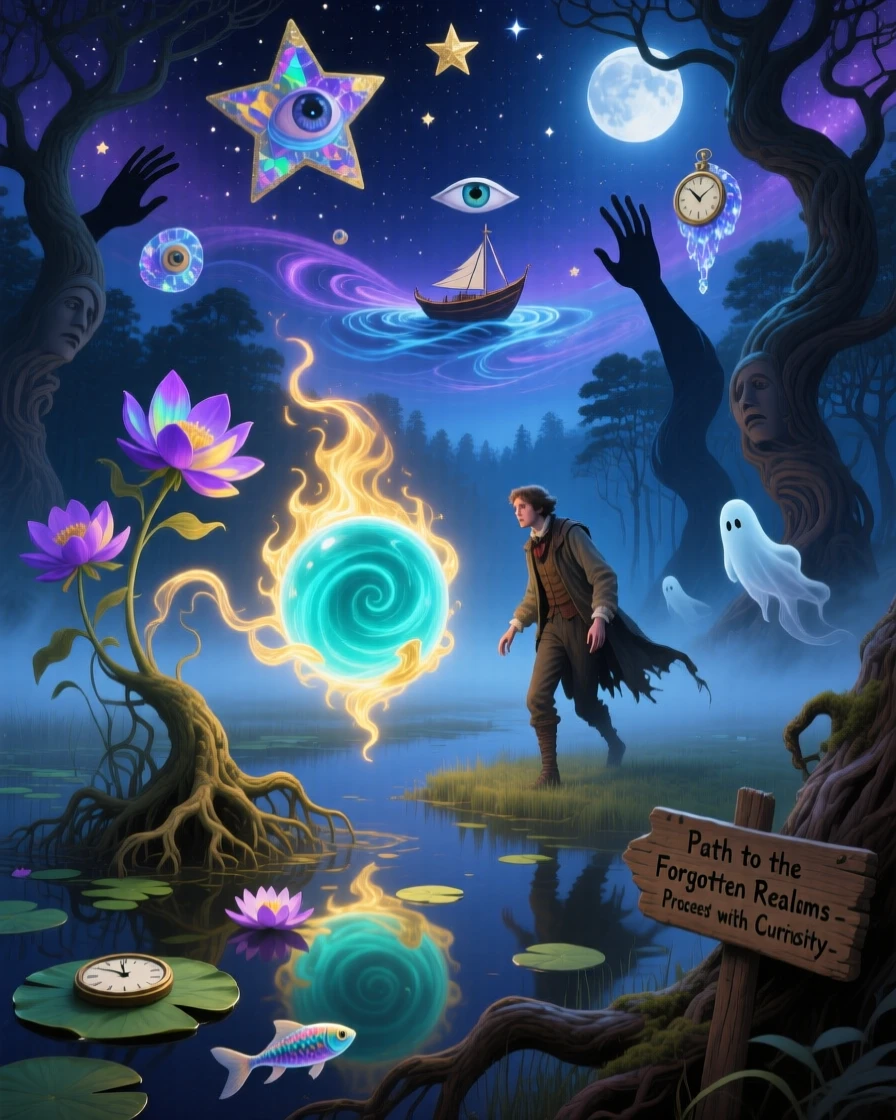 A will-o'-the-wisp leading a lost traveler through a misty bog drifts quietly along the edge of a moonlit forest, as the whole scene glows faintly under a starlit sky.