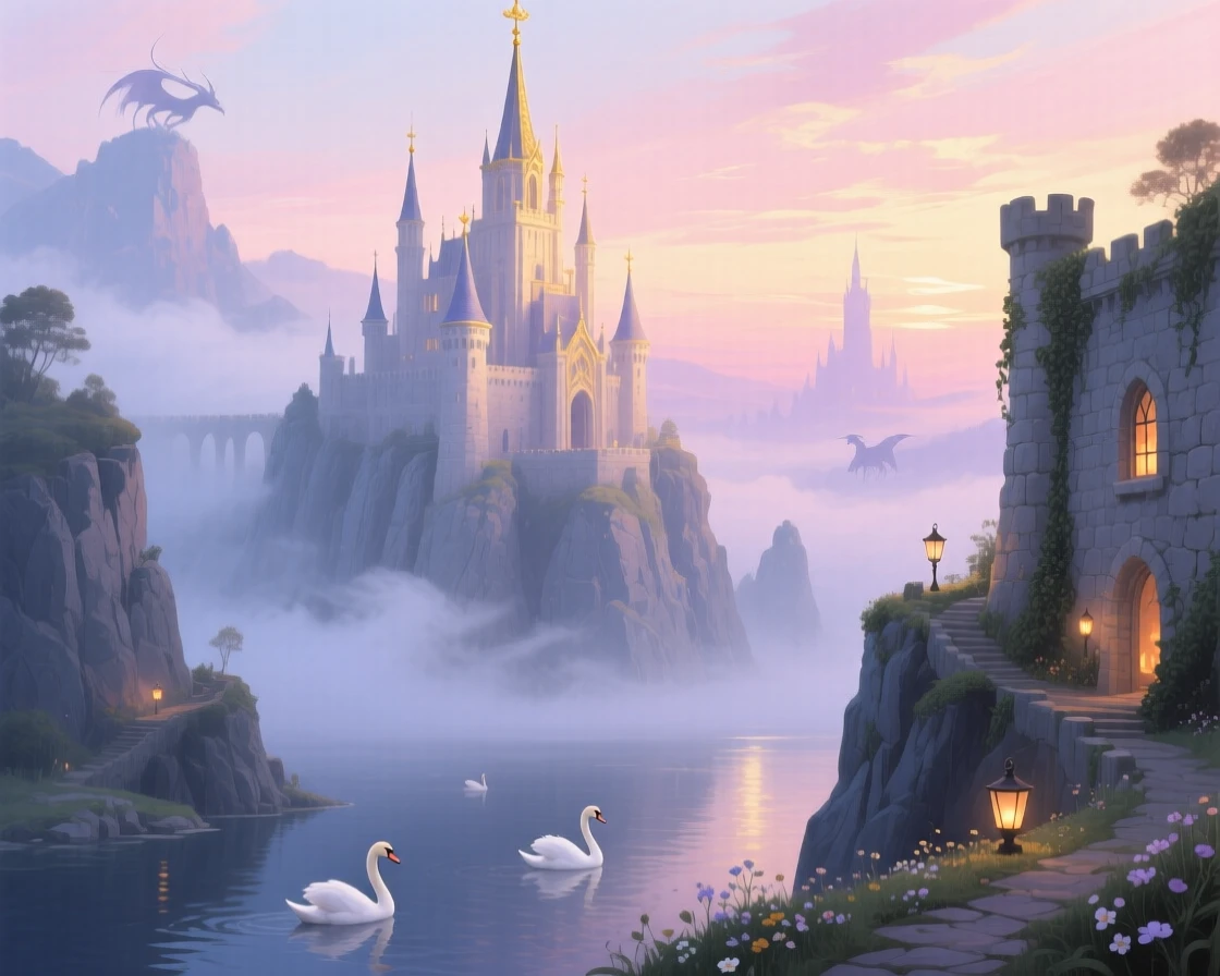 An enchanted castle rises from mist-covered cliffs, its spires catching the first light of dawn as swans glide across the moat below, the scale of the scene emphasized by tiny details that suggest an entire hidden world beyond the frame.
