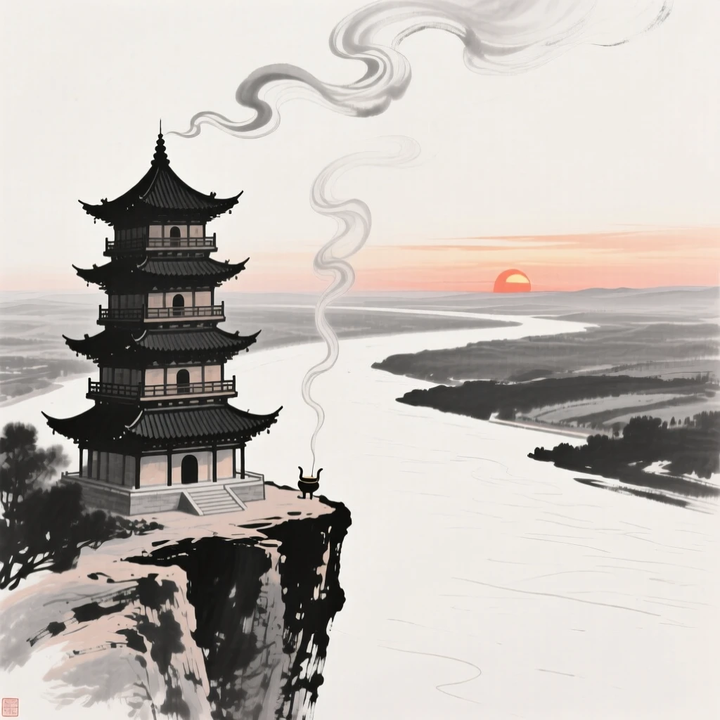A multi-tiered pagoda overlooks a wide river valley at sunset, as incense smoke curls upward into the still air.