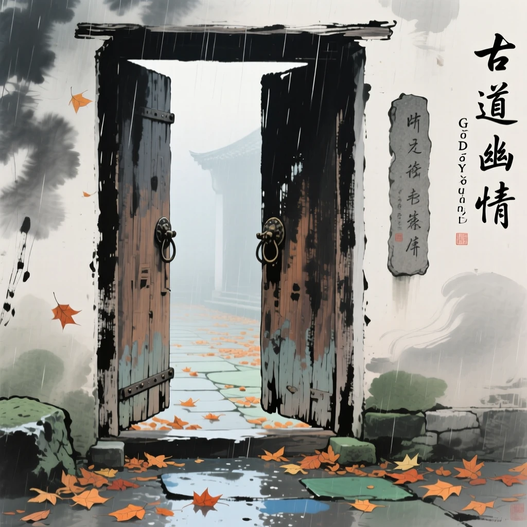 An old wooden door left ajar onto a courtyard of fallen leaves, just after a rain shower, through swirling morning fog.