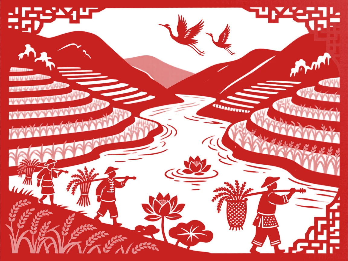 A wide river valley with layered rice terraces glowing gold at harvest time, farmers carrying bundles on shoulder poles