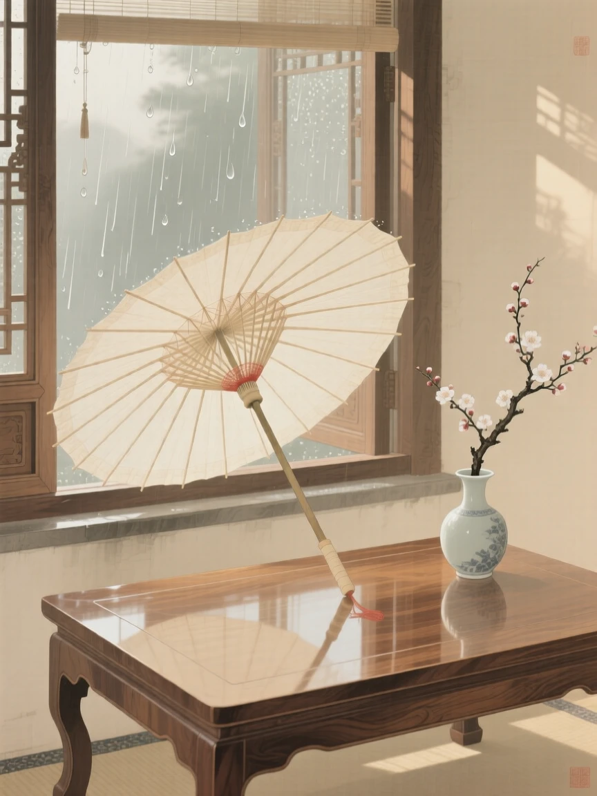 A paper umbrella leaning against a window on a rainy day on a low table in a sunlit room