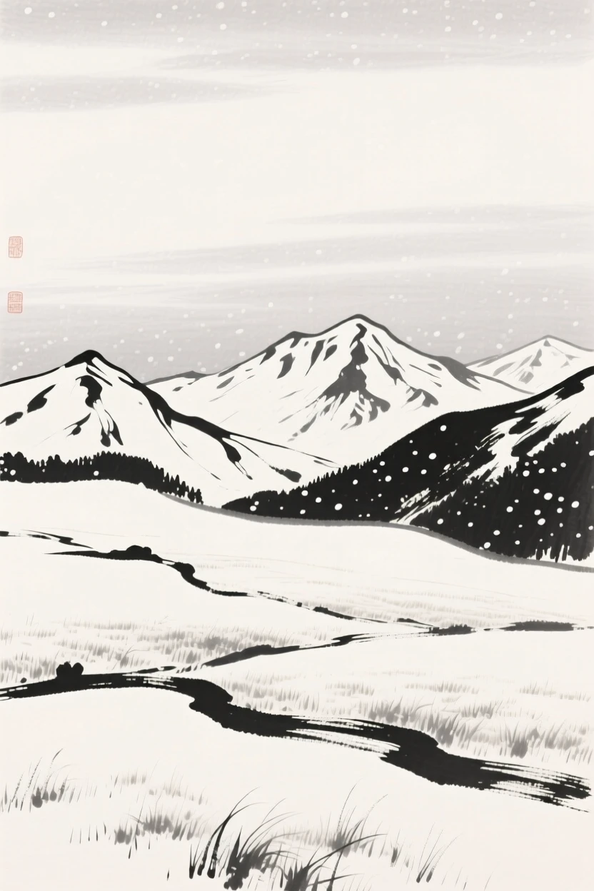 A high alpine meadow bordered by snow-capped ridges under a pale winter sky heavy with unfallen snow, composed with wide open space above to emphasize the scale of the sky, conveying calm reflection and gentle isolation.