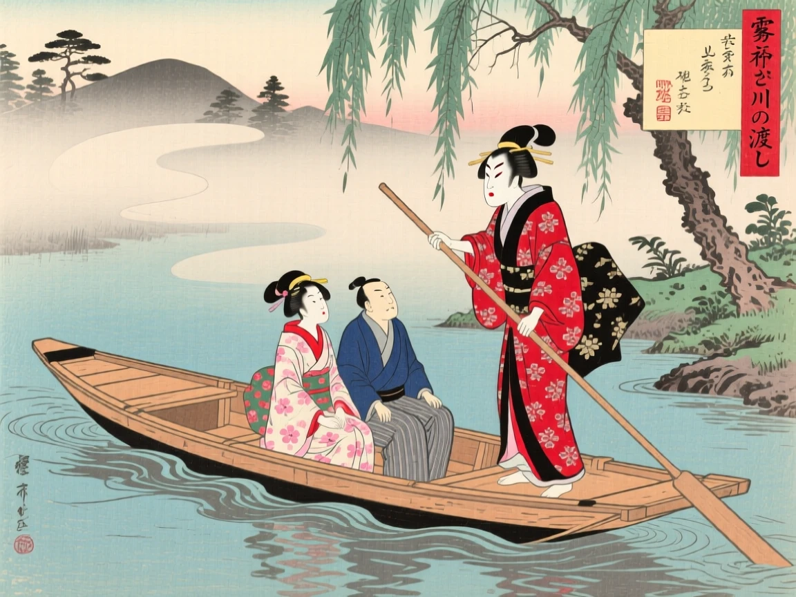 A kabuki performer ferrying passengers across a misty river.