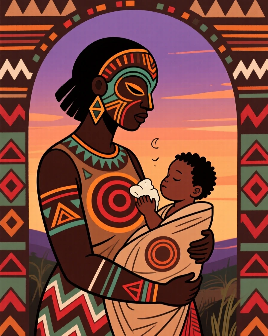 A mother singing a lullaby to her child at dusk.