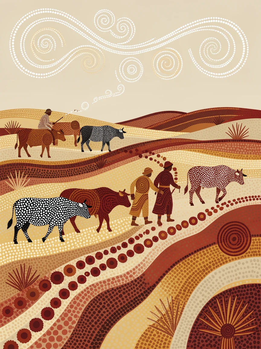 Herders driving cattle across open plains