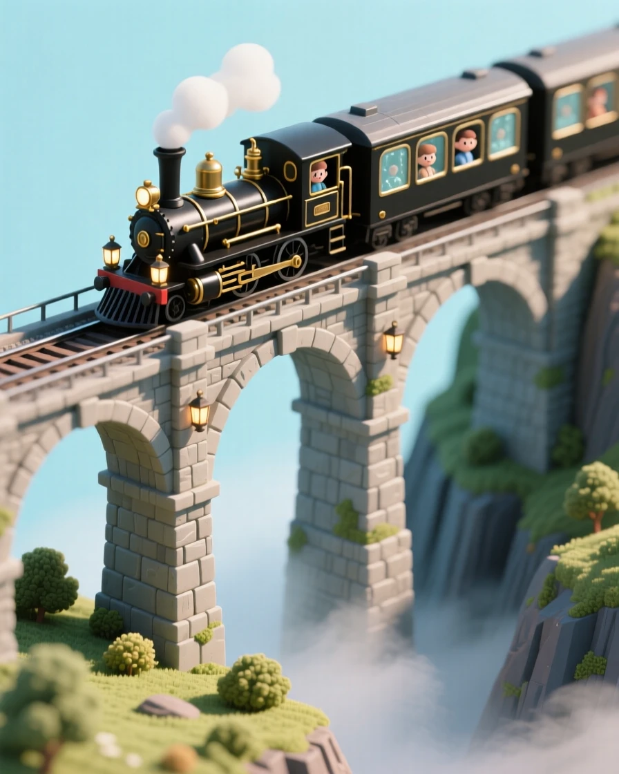 A vintage steam train crossing a tall stone viaduct, mist rising from the valley below, and passengers pressed against the windows.