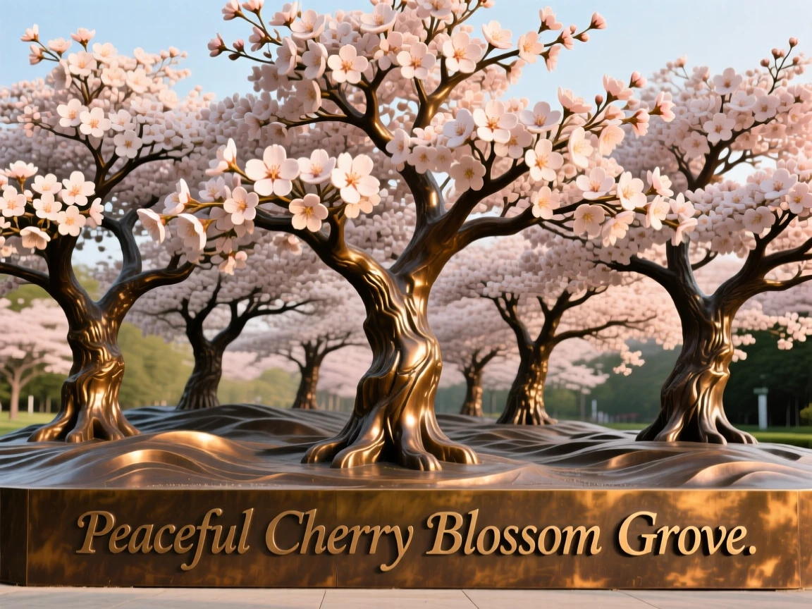 A peaceful cherry blossom grove in full bloom, capturing a powerful sense of scale and grandeur, offering a breathtaking sense of place
