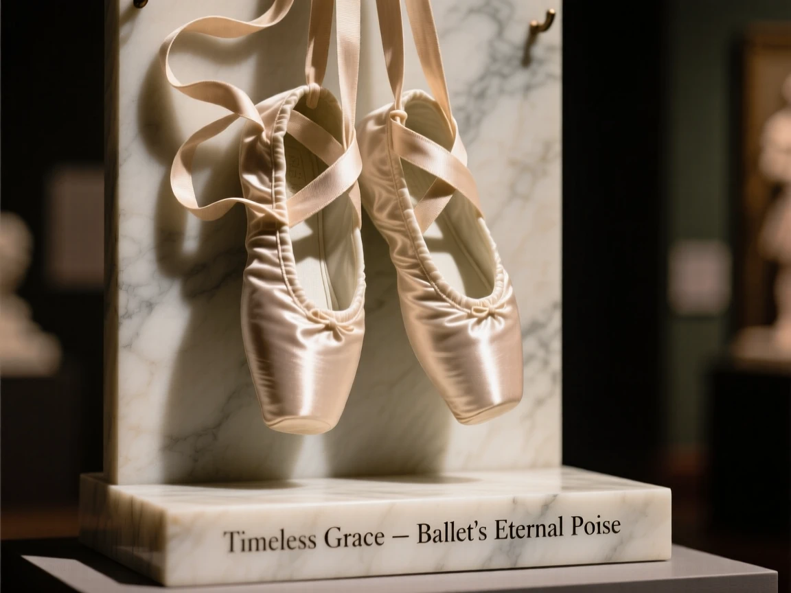 An elegant close-up study of a pair of ballet shoes hanging by their ribbons, composed with warm, dramatic lighting