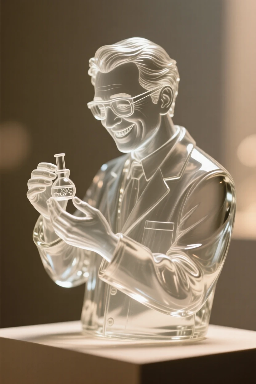 A scientist smiling while examining a discovery framed in a close, intimate composition, soft rim light outlining the silhouette, evoking warmth and connection.