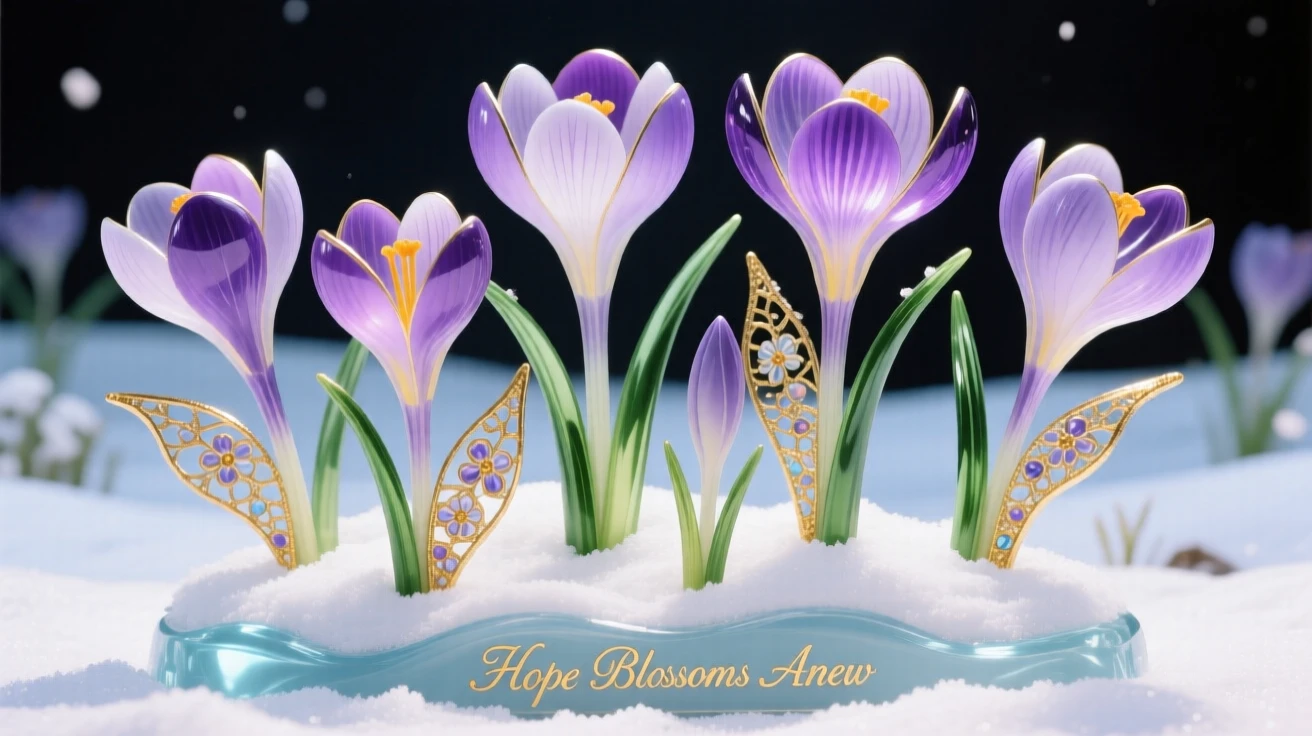 A field of blooming crocuses breaking through late winter snow, hopeful and delicate.