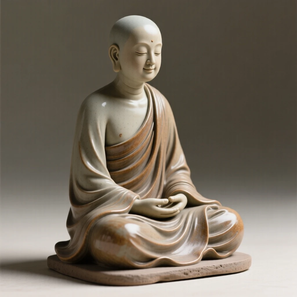 A monk seated in quiet meditation kneeling with quiet, contemplative stillness, draped in flowing garments that ripple with movement, filling the scene with joy and gentle wonder.