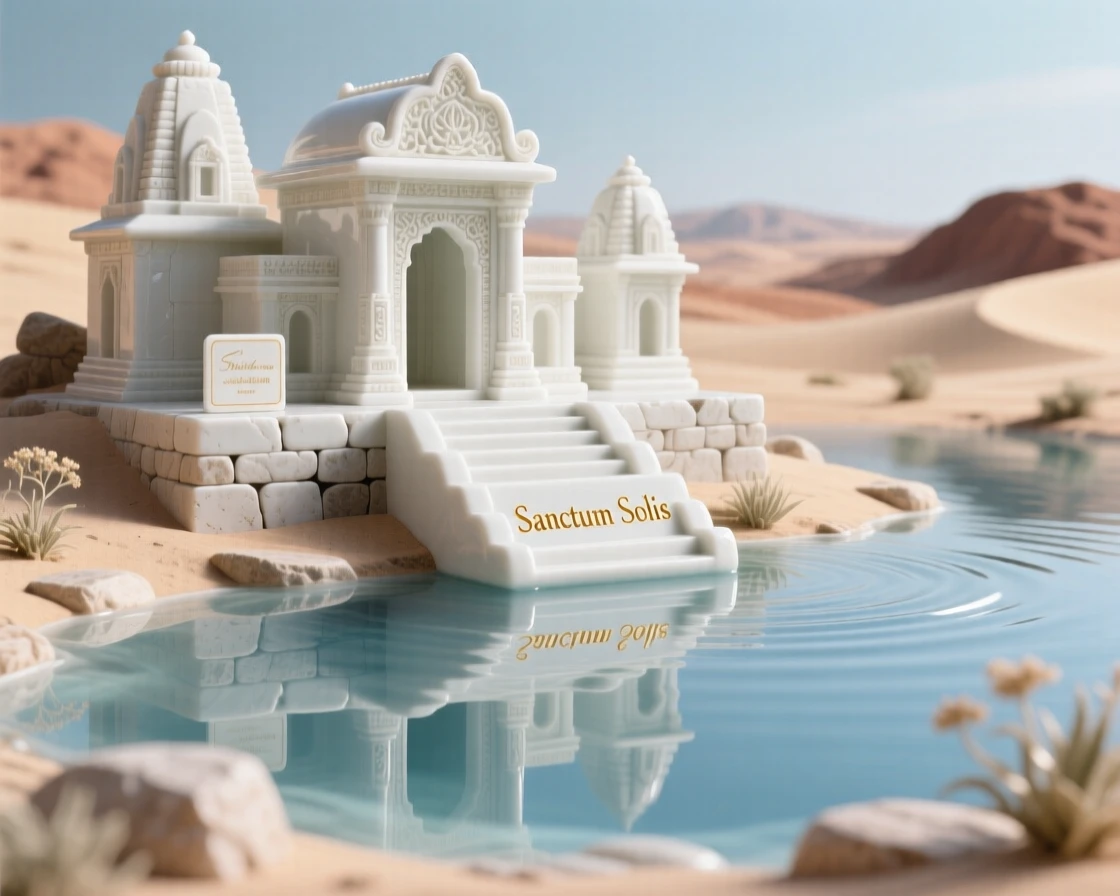A serene desert temple complex nestled in a tranquil reflecting lake, framed by ancient weathered stone steps.
