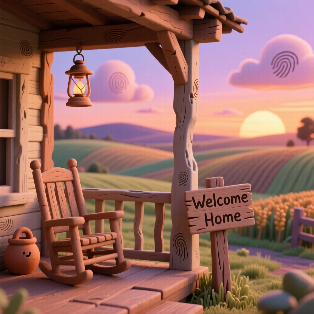 A rustic farmhouse porch overlooking rolling fields at sunset