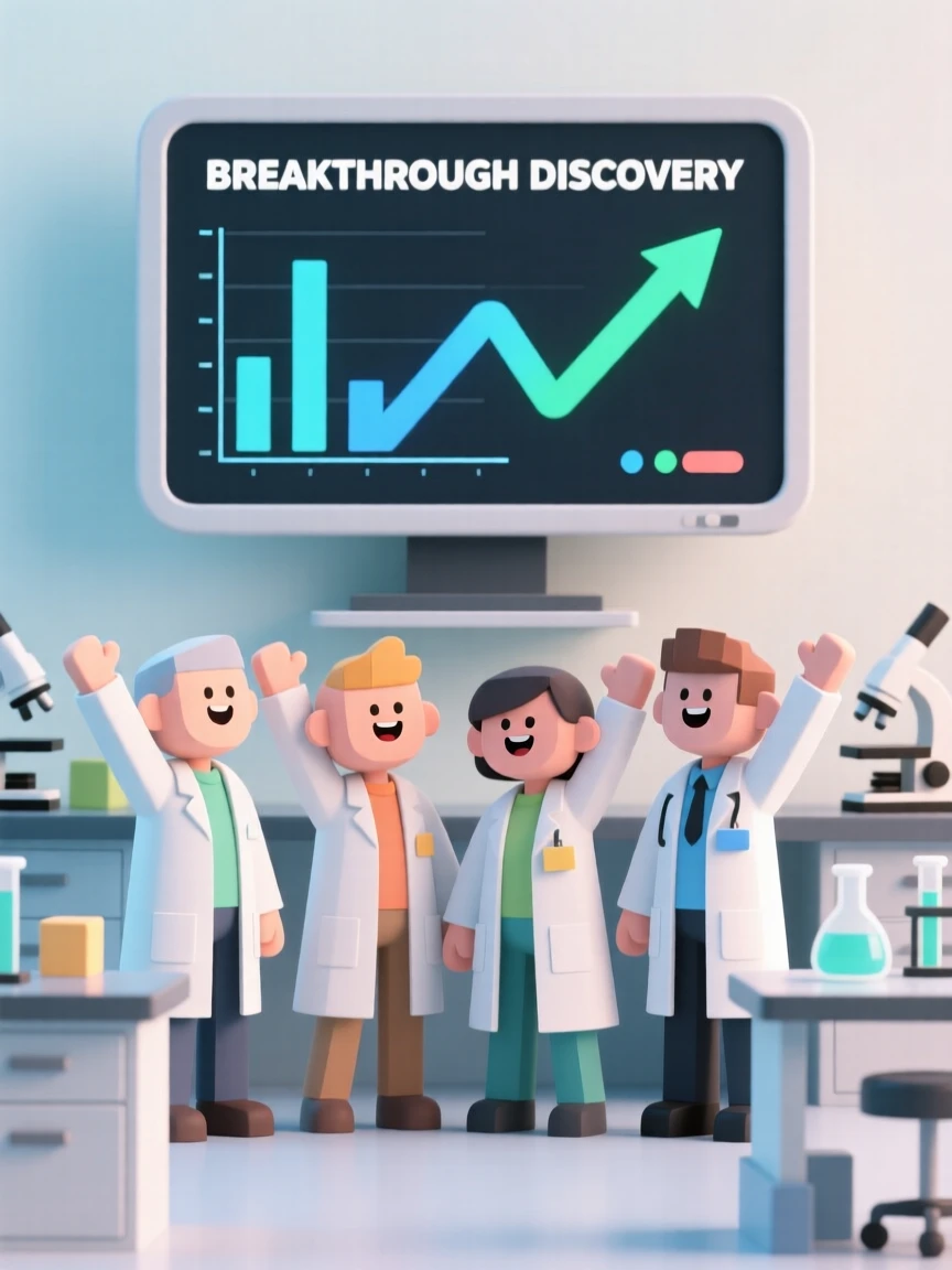 A team of scientists cheer together as data streams across a lab monitor confirming a breakthrough discovery.