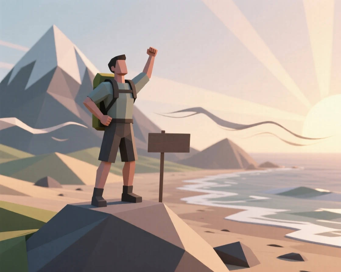 A hiker standing triumphantly on a mountain summit, on a windswept beach at dawn. a shallow depth of field keeps focus on the subject's face. A gentle warmth radiates through the scene.