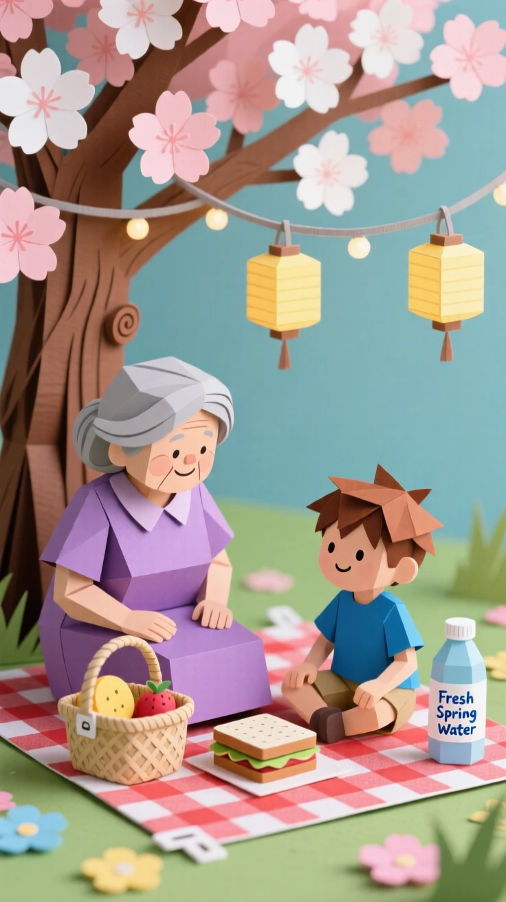 A grandmother and her grandson picnicking beneath a blossoming tree, with string lights twinkling overhead, capturing pure joy and togetherness.
