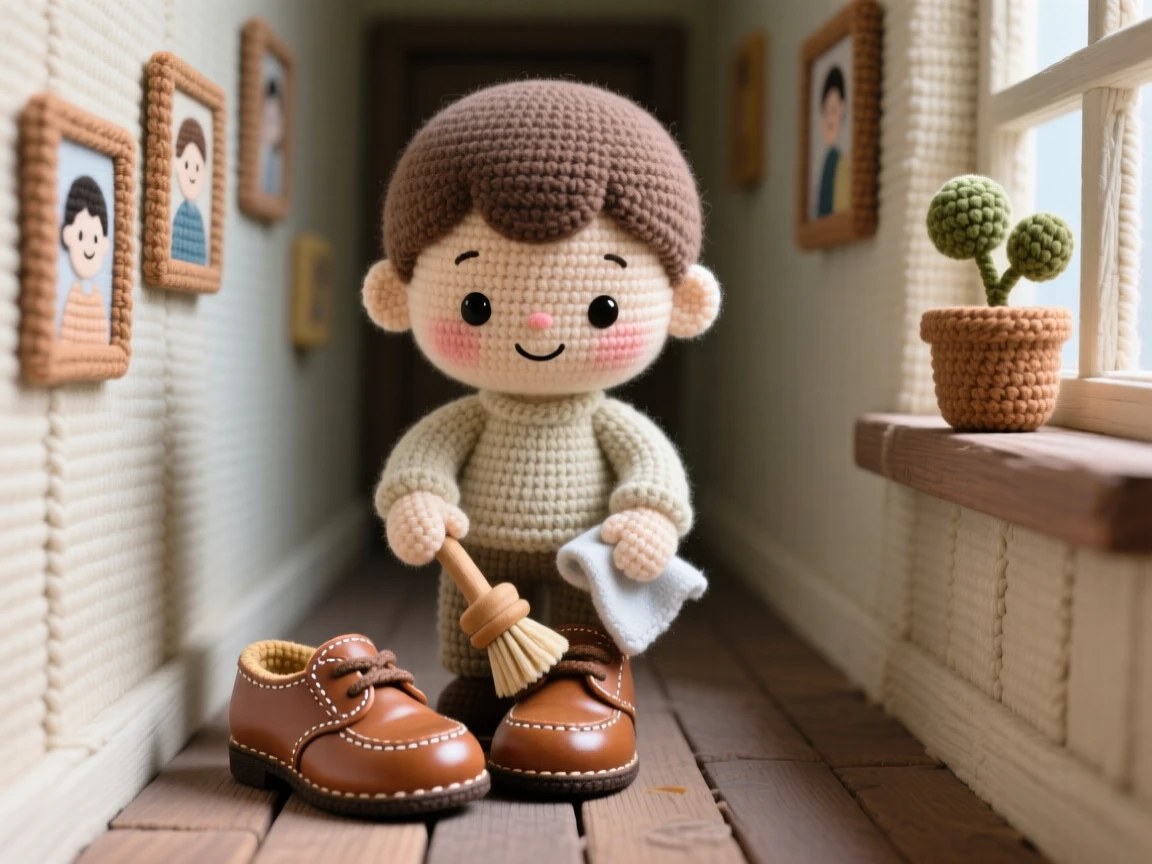 a small child polishing a pair of shoes, with a small brush and cloth, buffing the leather to a soft shine, in a quiet hallway lined with family photos, with a small potted plant on the windowsill nearby, radiating quiet satisfaction in a small task well done.