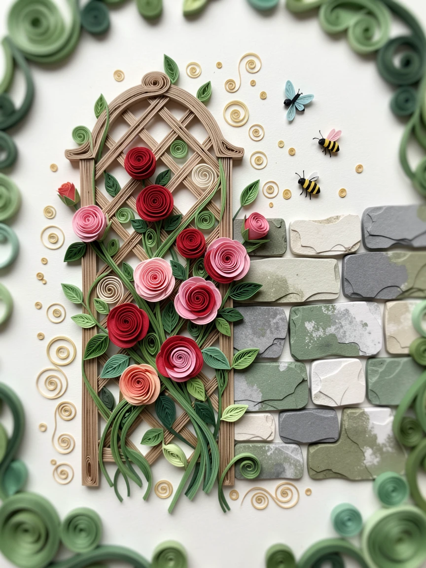 A serene botanical study of a garden trellis overflowing with climbing roses beside a weathered stone garden wall, surrounded by drifting pollen and tiny insects, framed by soft out-of-focus greenery.