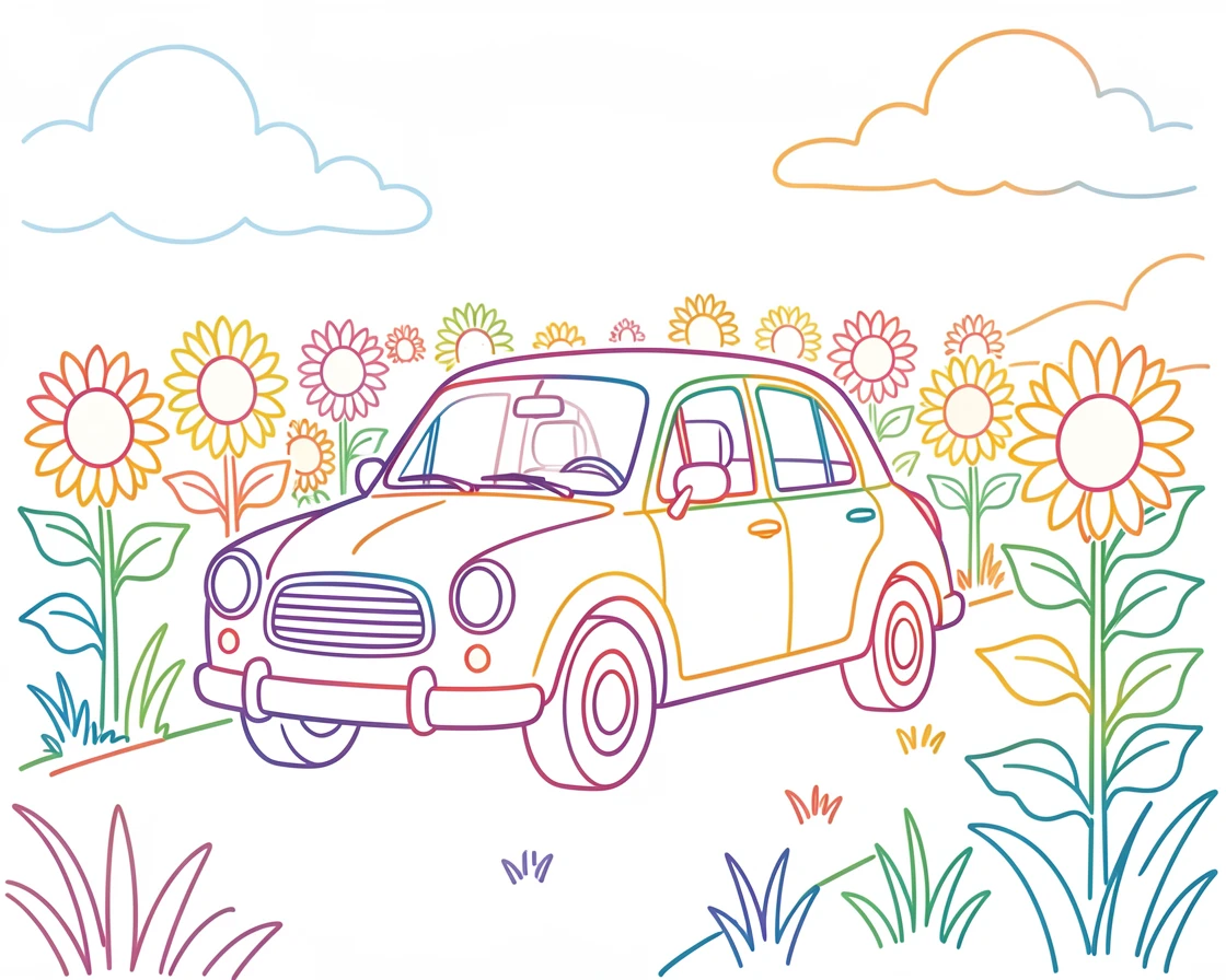 A summer road trip scene with a car parked beside a sunflower field.