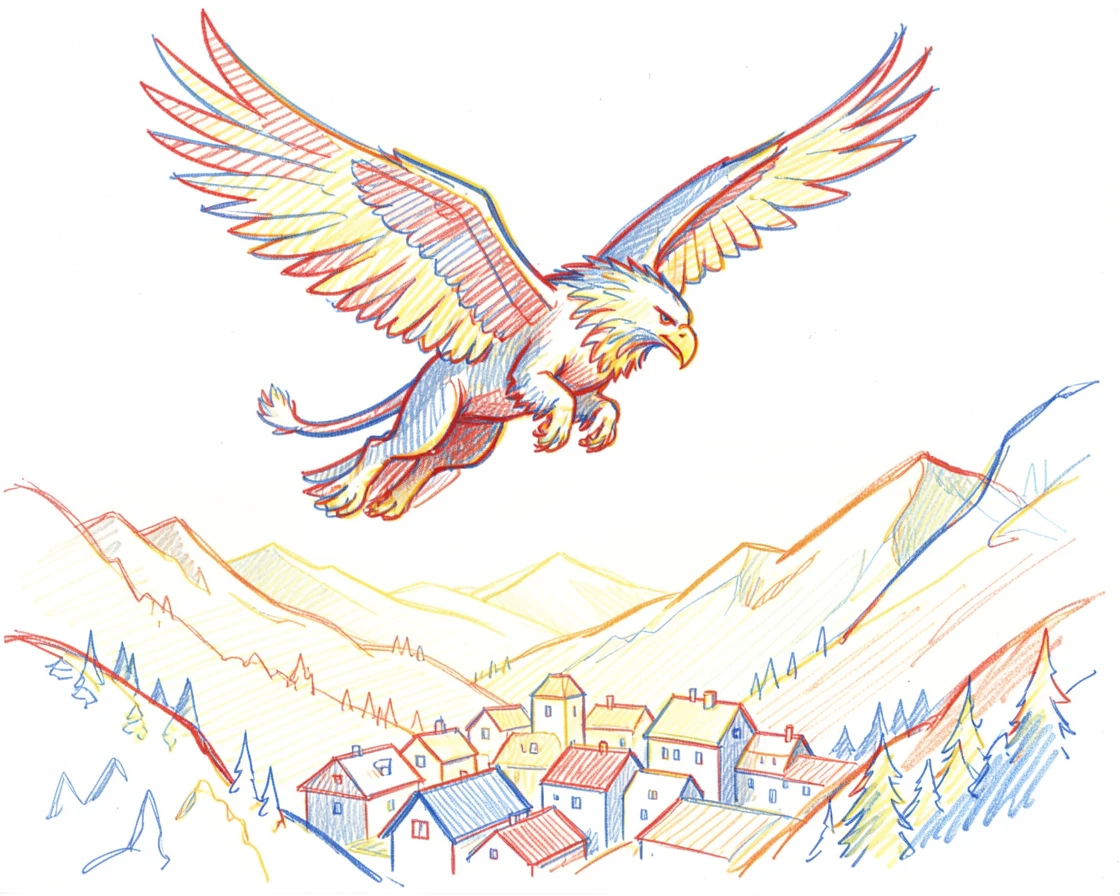 A griffin soaring above a mountain kingdom at golden hour